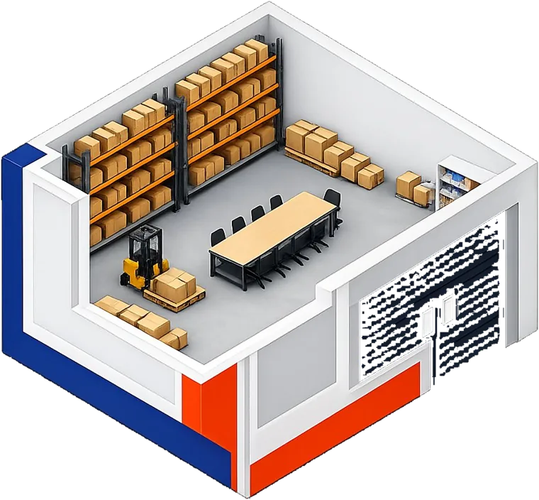 Isometric cutaway of a Loft Enterprise Plus suite with a forklift, full racking and a long conference table