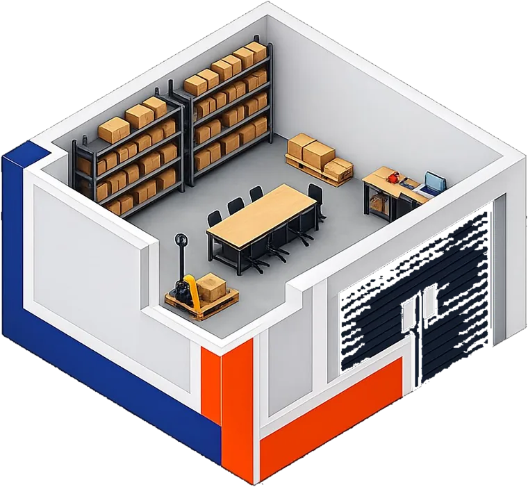 Isometric cutaway of a Loft Enterprise suite with double racking, a pallet jack and a team table