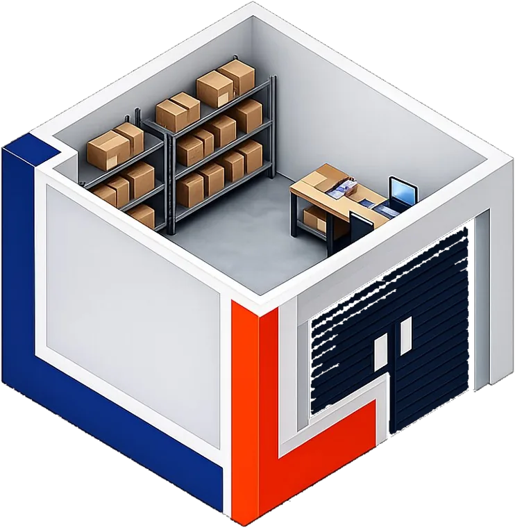 Isometric cutaway of a Loft Growth suite with shelving, boxes and a packing workstation
