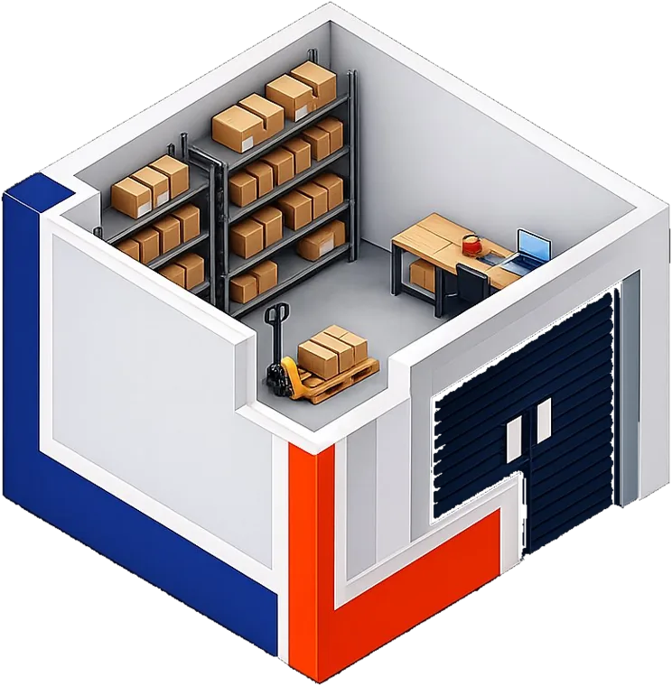 Isometric cutaway of a Loft Scale suite with tall racking, a pallet jack and a desk