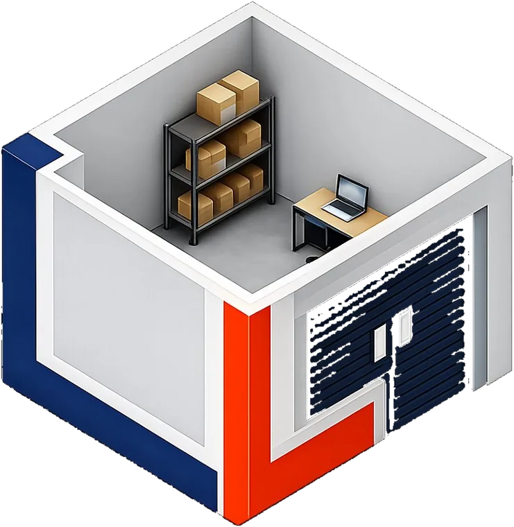 Isometric cutaway of a Loft Start suite with a shelving unit and a small desk